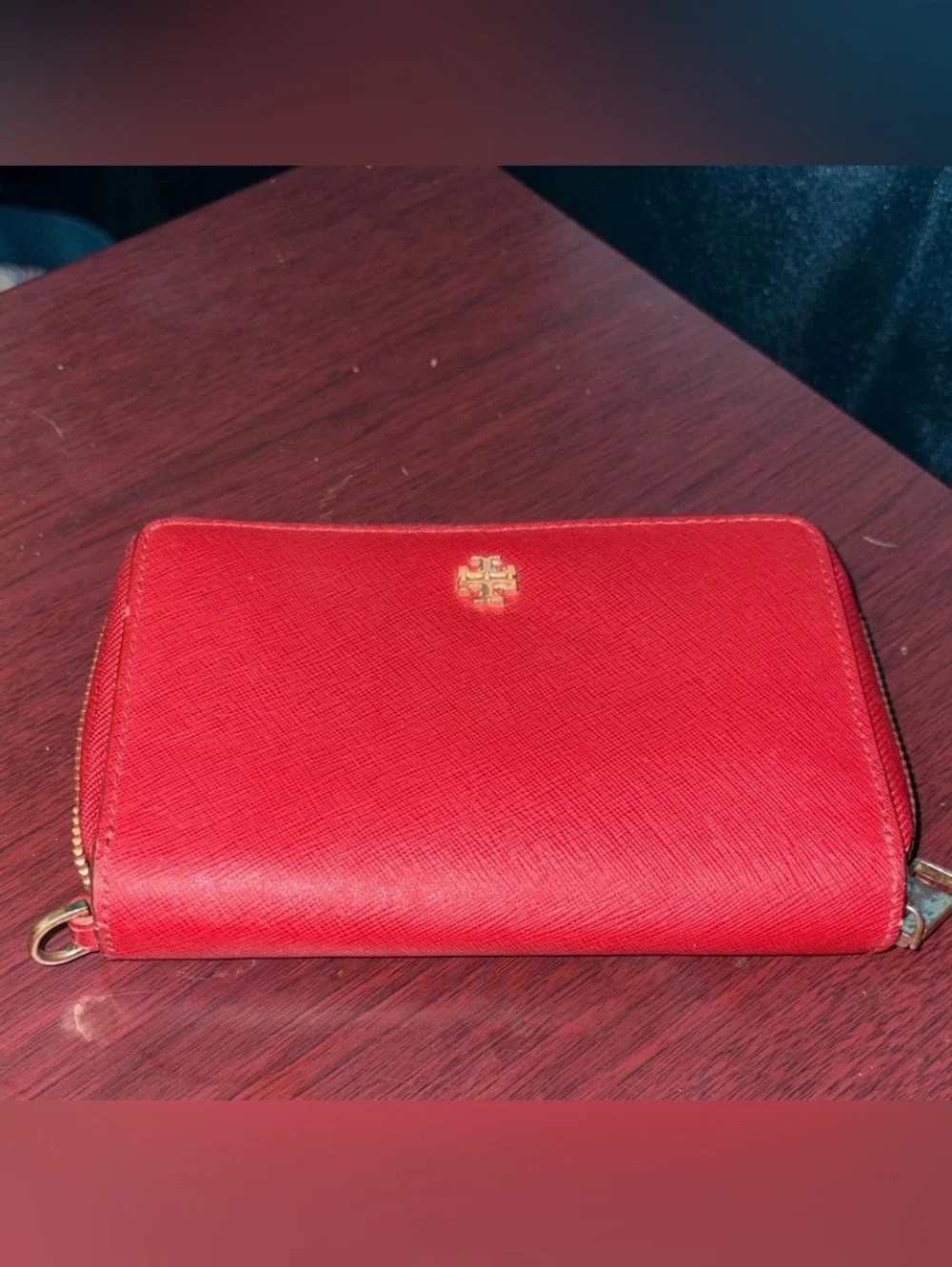 Tory Burch Red Zip-Around Saffiano Wallet with Gold Logo